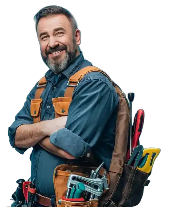 Smiling plumber with arms crossed and a tool belt