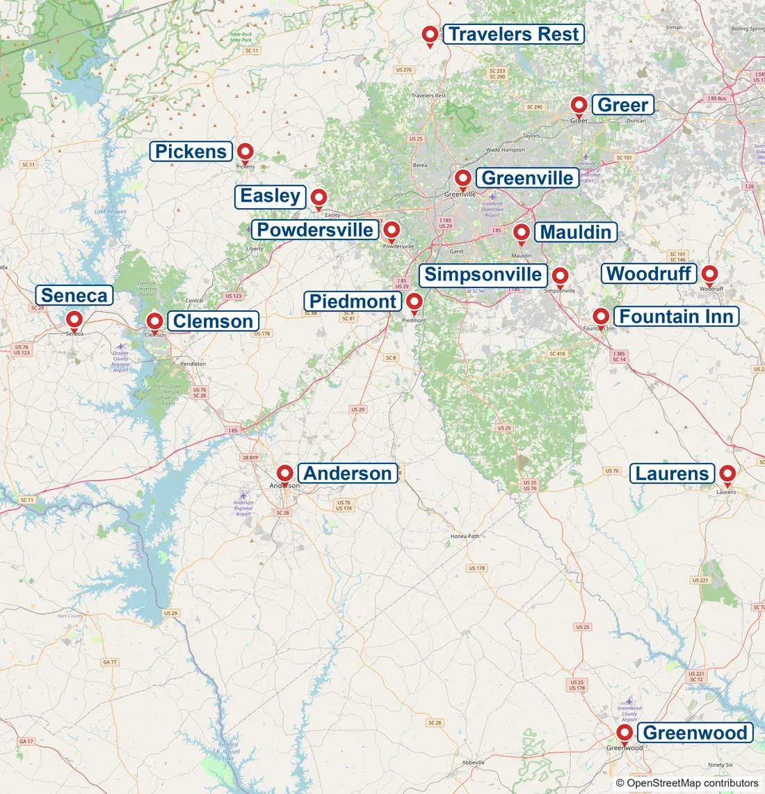 Map of the Upstate South Carolina cities Greenville Plumbing Pros serves