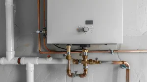 closeup of bottom of tankless water heater showing pipes and valves