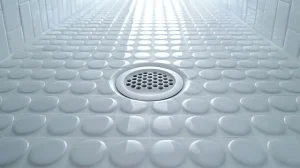 white shower drain on white tile shower floor with white tile walls
