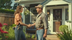plumber shakes homeowners hand outside house